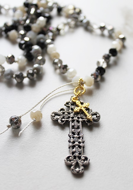 Mixed Czech Glass and Filigree Cross Hand Knotted Necklace - The Glory Necklace