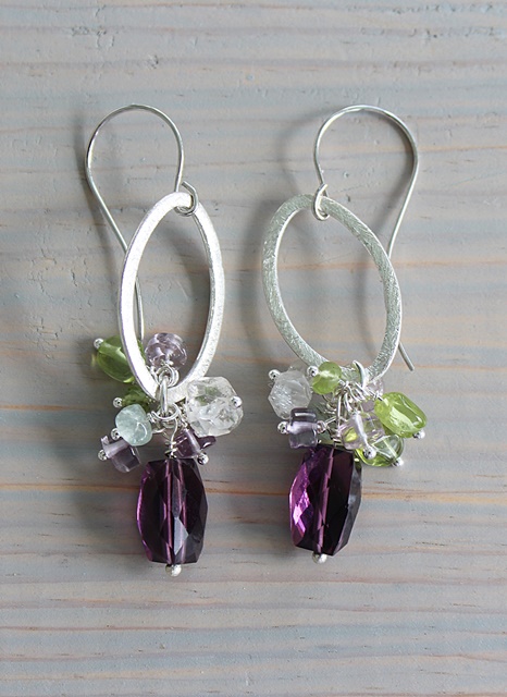 Amethyst Cluster Earrings on Sterling Silver Hoop - The Cynthia Earrings