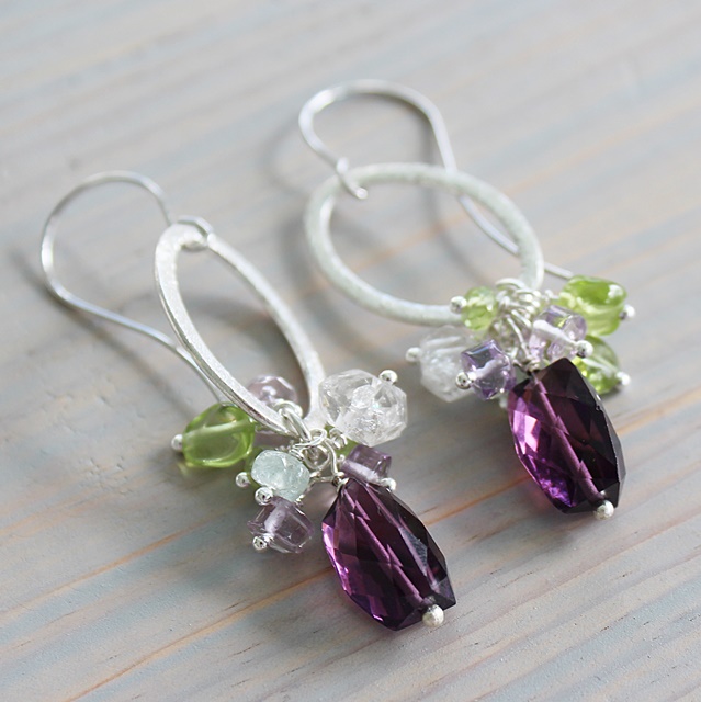 Amethyst Cluster Earrings on Sterling Silver Hoop - The Cynthia Earrings
