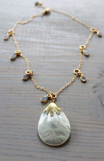 Mother of Pearl Shell and Moonstone Drop Necklace - The Joely Necklace