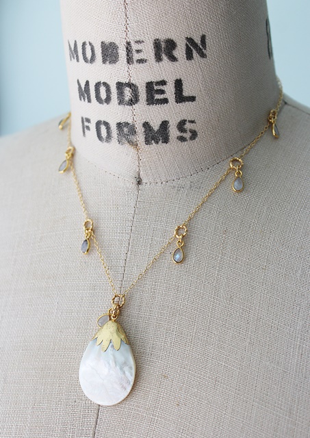 Mother of Pearl Shell and Moonstone Drop Necklace - The Joely Necklace