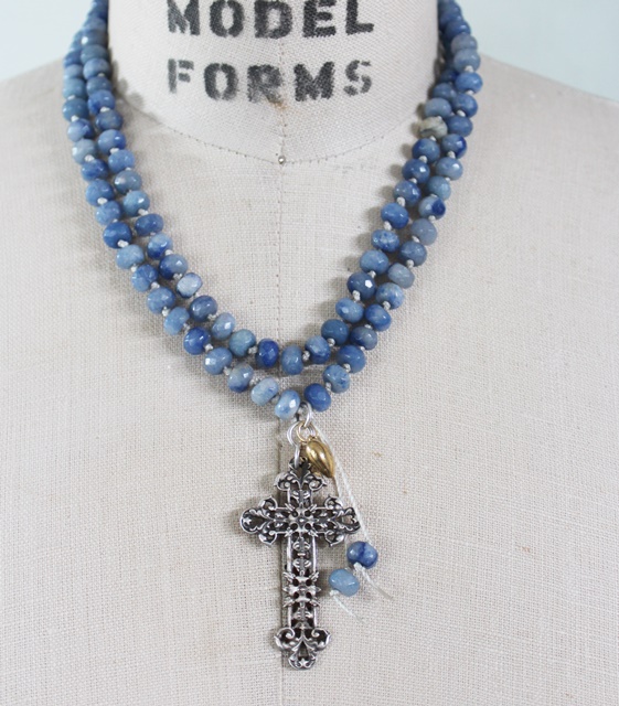 Blue Adventurine Hand Tied Boho Cross Necklace - The Joy Necklace