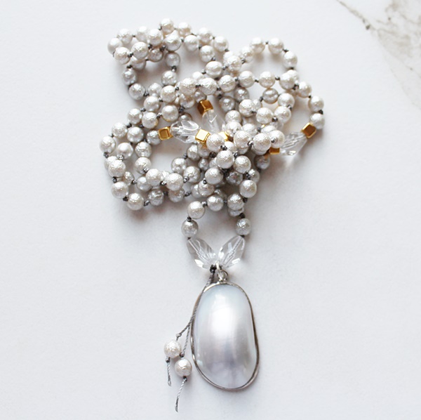 Mother of Pearl Shell and Japanese Glass Bead Hand Tied Necklace - The Serenity Necklace