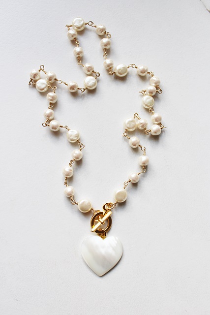 Mother of Pearl Heart and Vintage Japanese Glass Pearls - The Madri Necklace