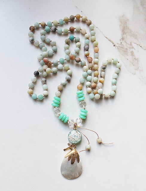 OOAK Hand Tied Amazonite and Mother of Pearl Pendant - The Beloved Necklace