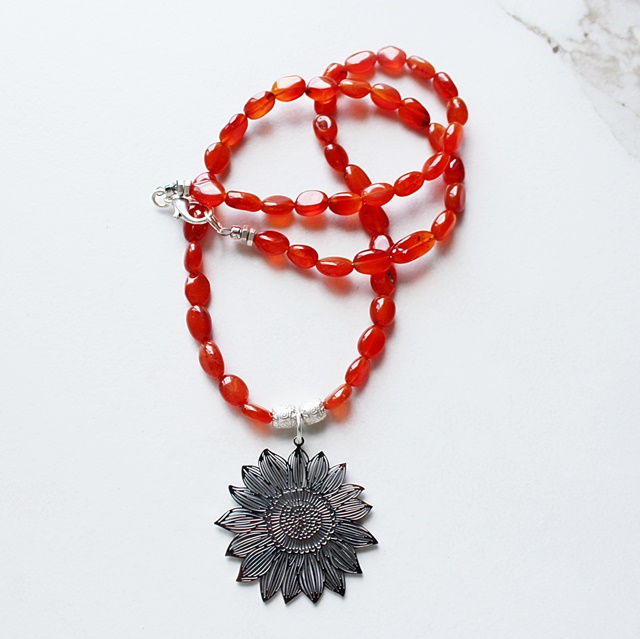 Carnelian or Terra Agate and Sunflower Pendant - The Sunny Necklace