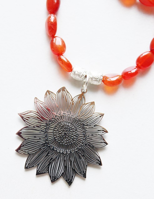 Carnelian or Terra Agate and Sunflower Pendant - The Sunny Necklace