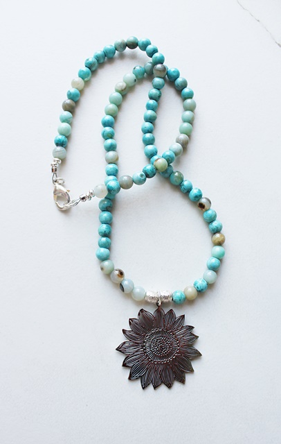 Carnelian or Terra Agate and Sunflower Pendant - The Sunny Necklace