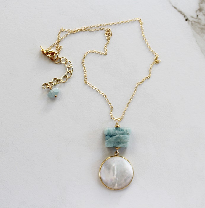 Aquamarine Stack and Mother of Pearl Pendant - The Palmer Necklace