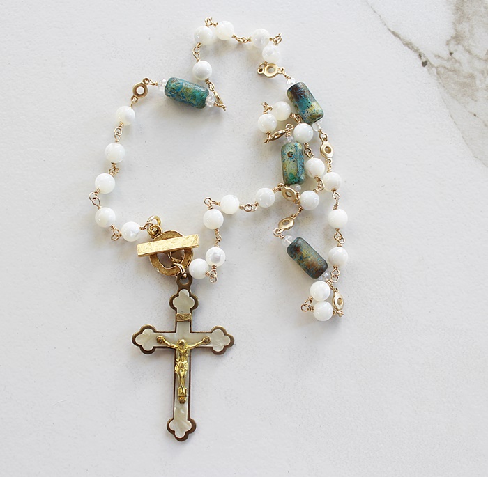 Mother of Pearl and Czech Glass Cross Necklace - The Grace Necklace