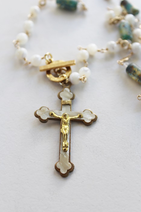 Mother of Pearl and Czech Glass Cross Necklace - The Grace Necklace