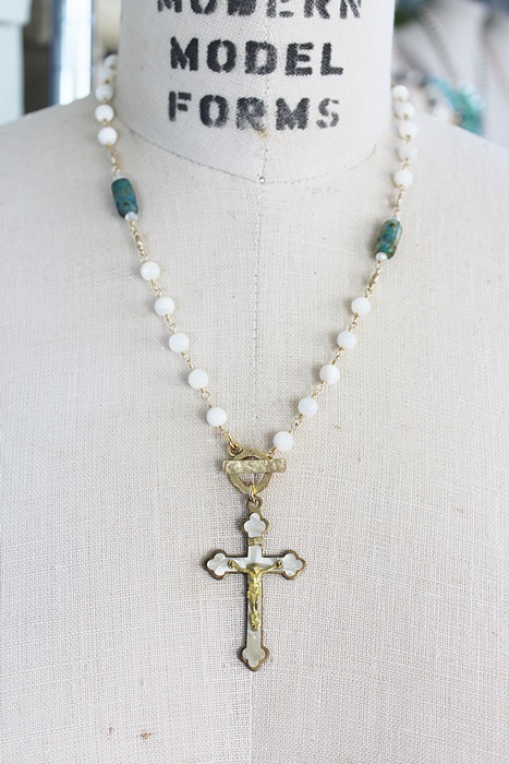 Mother of Pearl and Czech Glass Cross Necklace - The Grace Necklace