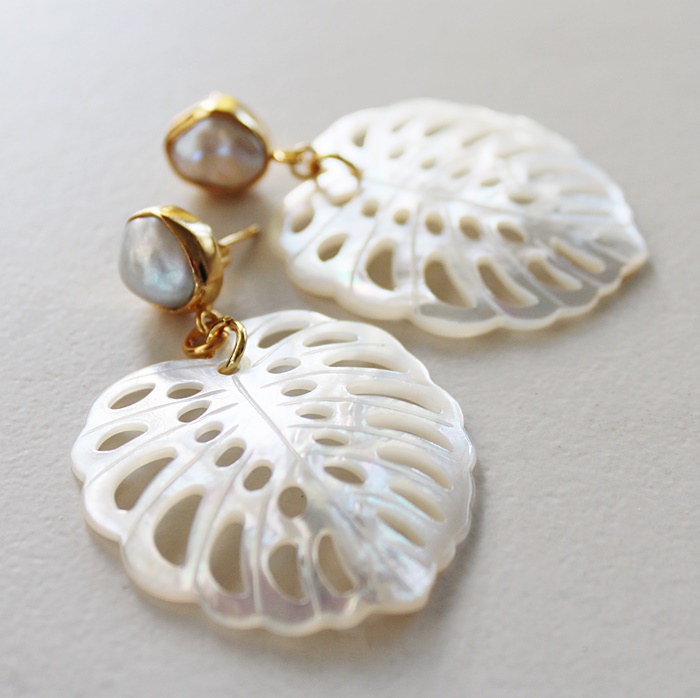Fresh Water Pearl and Monsterra MOP Leaf Earrings - The Isla Earrings