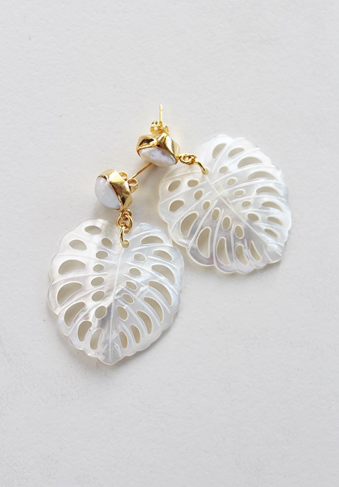 Fresh Water Pearl and Monsterra MOP Leaf Earrings - The Isla Earrings