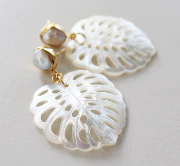 Fresh Water Pearl and Monsterra MOP Leaf Earrings - The Isla Earrings