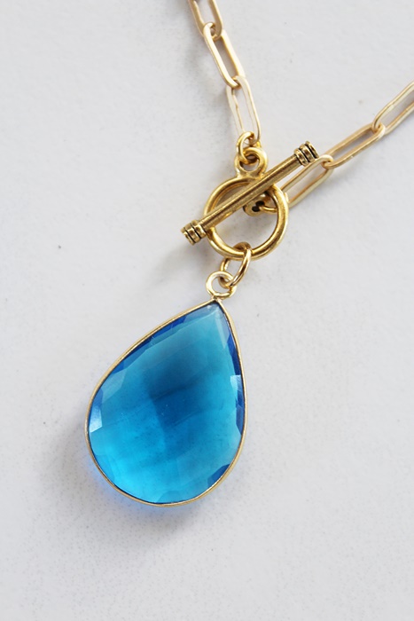 Gold Plate Paperclip Necklace with Blue Hydro Quartz or Opalite Pendant - The Luann Necklace