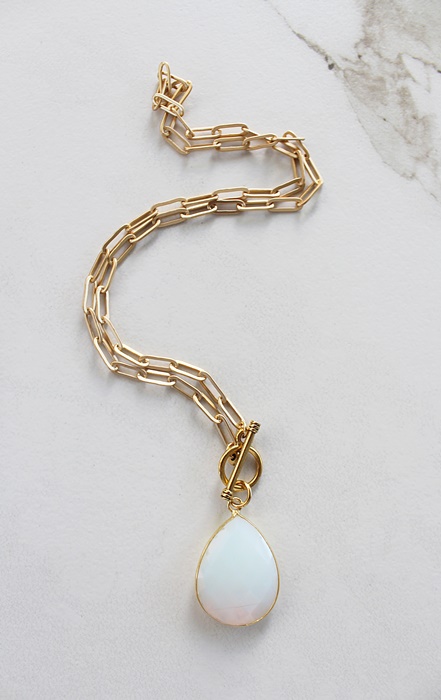 Gold Plate Paperclip Necklace with Blue Hydro Quartz or Opalite Pendant - The Luann Necklace