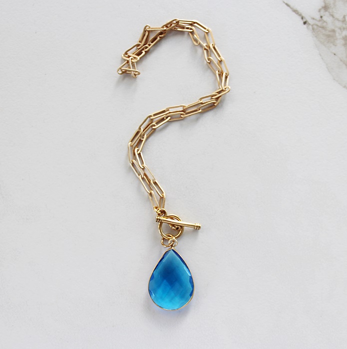 Gold Plate Paperclip Necklace with Blue Hydro Quartz or Opalite Pendant - The Luann Necklace
