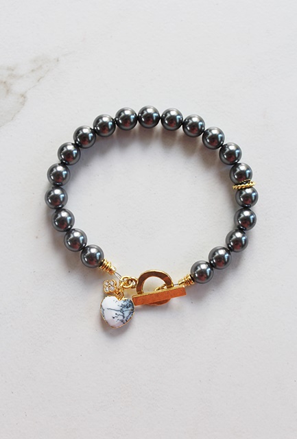 Gray Pearls with Dendritic Heart Charm - The Ashley Bracelet