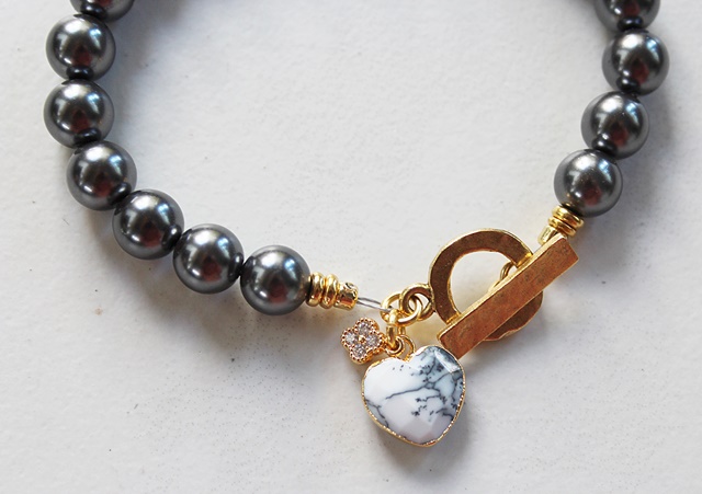 Gray Pearls with Dendritic Heart Charm - The Ashley Bracelet