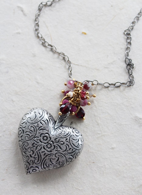 Silver Etched Heart Cluster Necklace - The Valentine Necklace