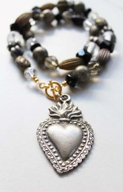 Sacred Heart Silver Pendant on Mixed Glass Necklace - The Faithful Necklace
