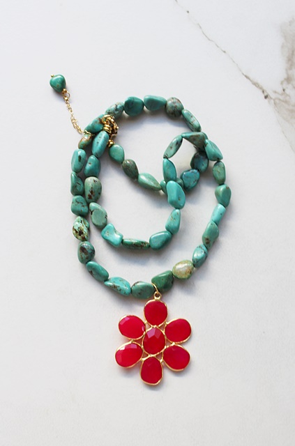 Turquoise and Hot Pink Chalcedony Necklace - The Zelda Necklace
