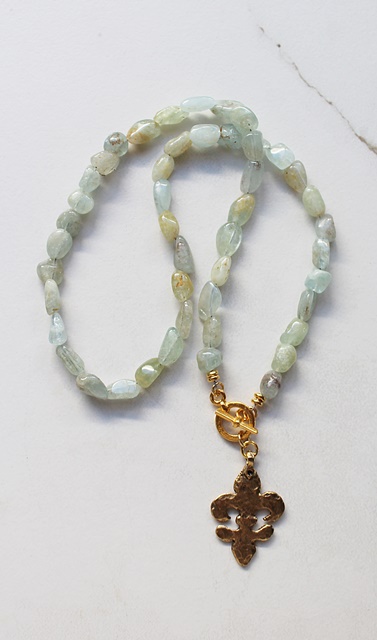 Aquamarine and Fleur de Lis Pendant Necklace - The Parisienne Necklace