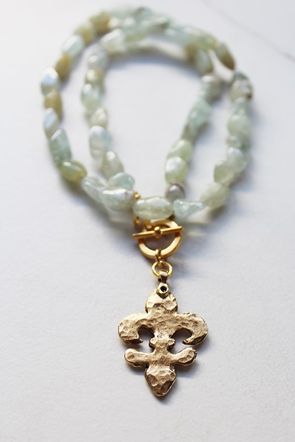 Aquamarine and Fleur de Lis Pendant Necklace - The Parisienne Necklace