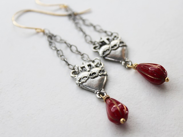 Czech Glass and Heart Earrings - The Sacred Heart Earrings