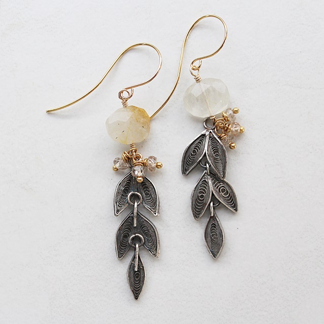 Golden Rutiliated Quartz and Vintage Sterling Silver Cannetile - The Iris Earrings