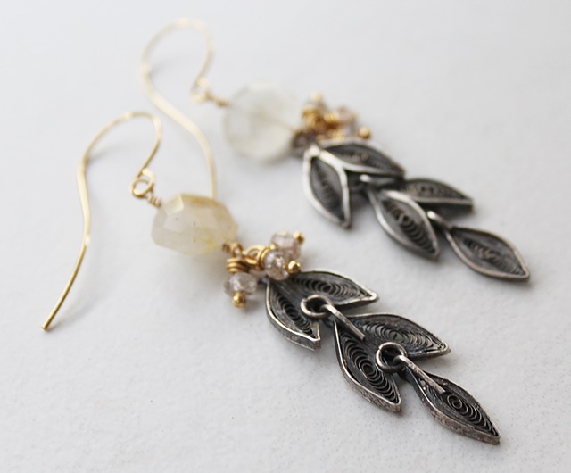 Golden Rutiliated Quartz and Vintage Sterling Silver Cannetile - The Irina Earrings