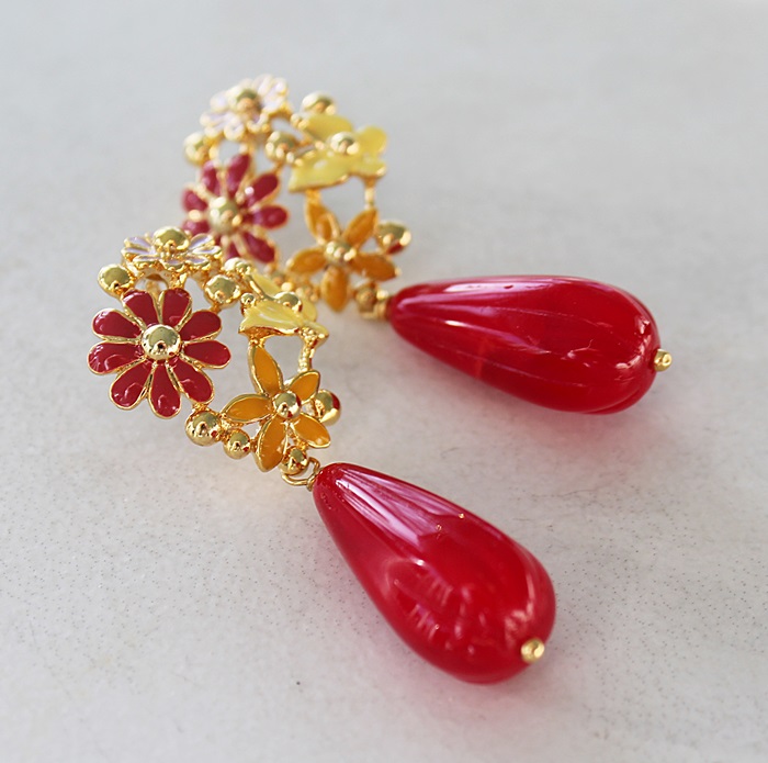 Vintage style Red Metal Flower Earrings - The Betty Ann Earrings