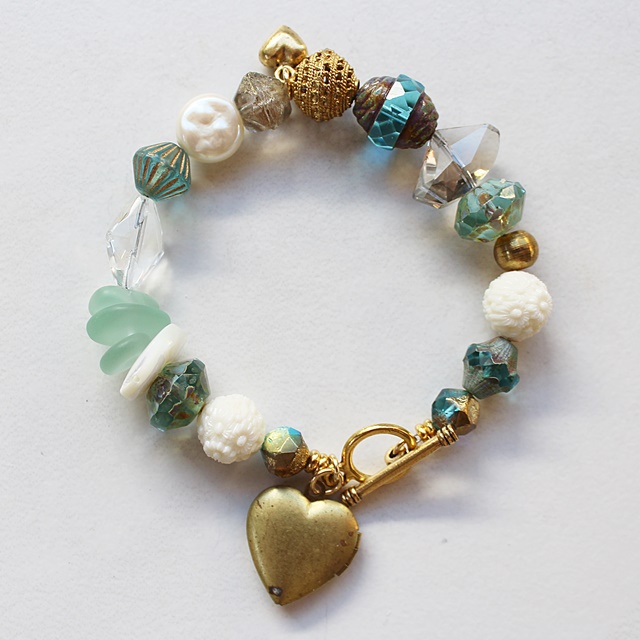 Mixed Glass and Vintage Heart Locket Bracelet -  The Sweetheart Bracelet