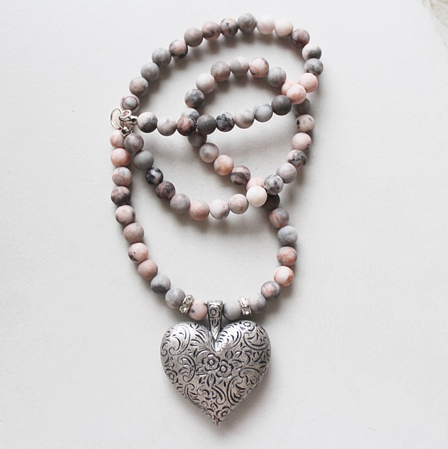Pink Zebra Jasper and Vintage Heart Necklace - The True Love Necklace