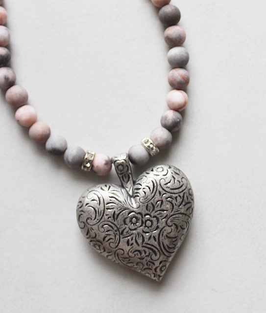 Pink Zebra Jasper and Vintage Heart Necklace - The True Love Necklace