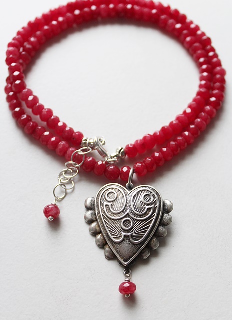 Ruby Red Faceted Jade and Vintage Heart Pendant - The My Heart Necklace