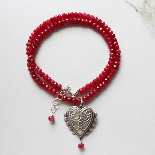 Ruby Red Faceted Jade and Vintage Heart Pendant - The My Heart Necklace