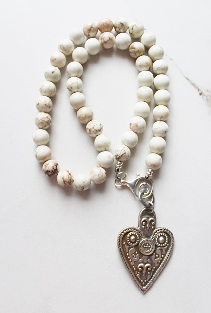 Silver Heart Pendant on Beaded Semi-Precious Stone Chain - The Amore Necklace