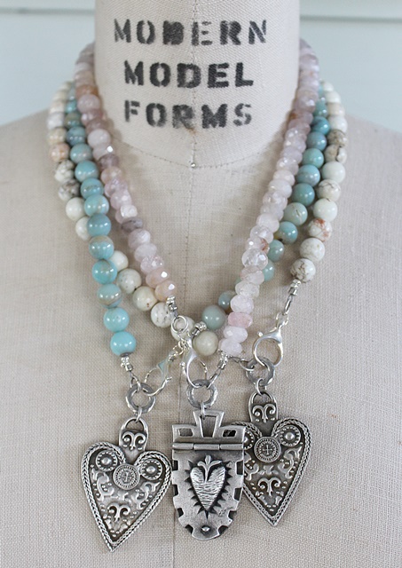 Silver Heart Pendant on Beaded Semi-Precious Stone Chain - The Amore Necklace