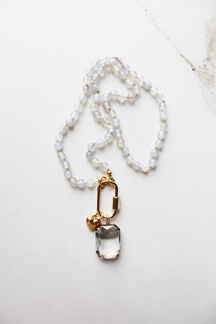Hand knotted Agate with Clear Cabachon - The Hayley Necklace