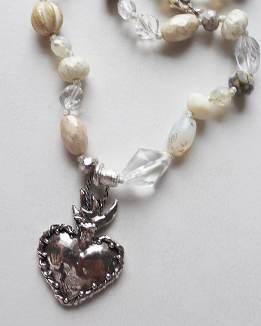 Sterling Silver Sacred Heart Pendant on Mixed Glass Necklace - The Sacre Coeur Necklace