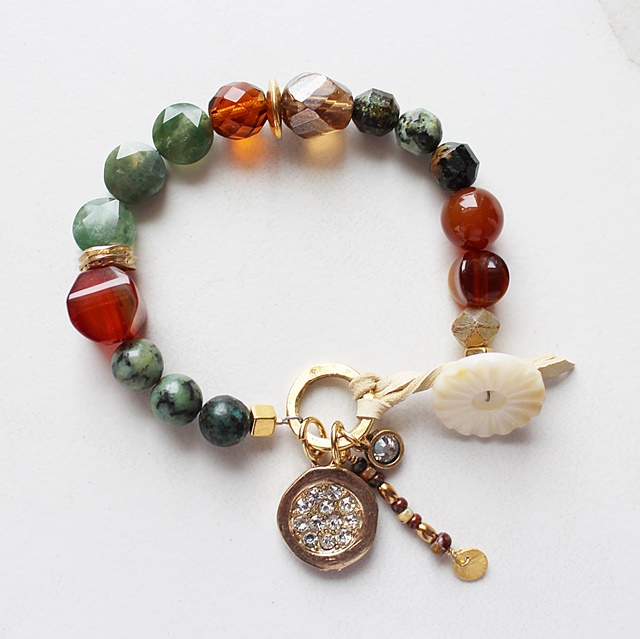 Moss Aquamarine, Carnelian, Glass, and Rhinestone Bracelet - The Amber Bracelet
