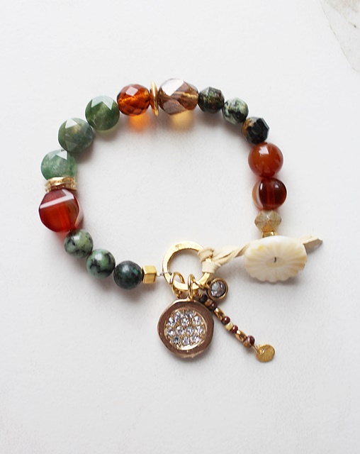Moss Aquamarine, Carnelian, Glass, and Rhinestone Bracelet - The Amber Bracelet