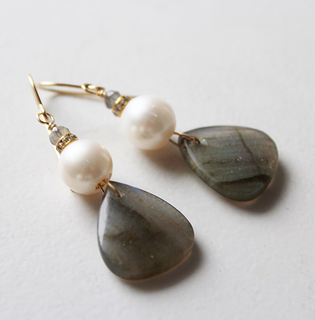 Labradorite Fan and Fresh Water Pearl Earrings - The Mindy Earrings