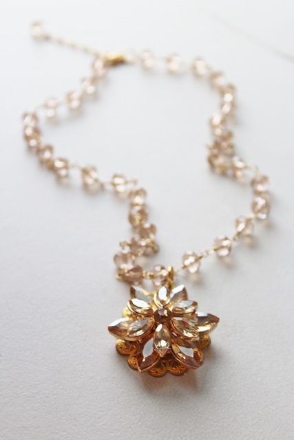 Champagne Jeweled Pendant and Czech Glass Necklace - The Avery Necklace