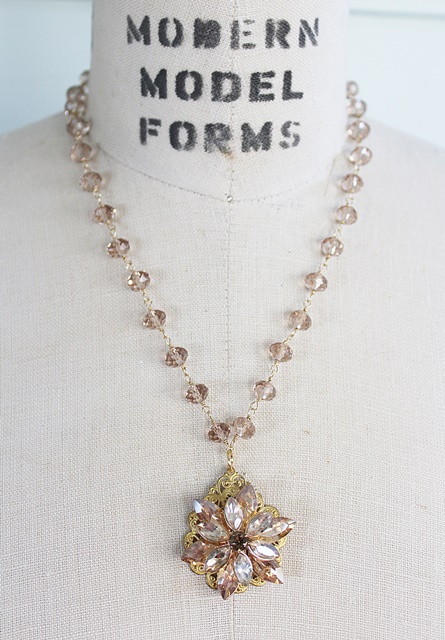 Champagne Jeweled Pendant and Czech Glass Necklace - The Avery Necklace