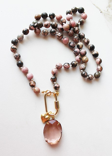 Rhodonite Hand Knotted Necklace with Vintage Cabachon - The Camelia Necklace