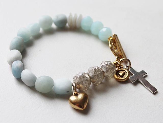 Aquamarine, Sea Blue Chalcedony, Cross Button Bracelet - The Blessed Bracelet