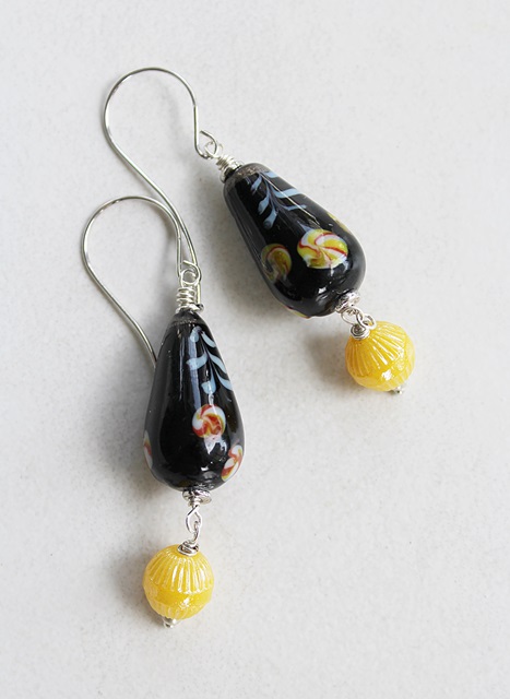 Vintage Japanese Black & Yellow Glass Earrings - The Dojo Earrings